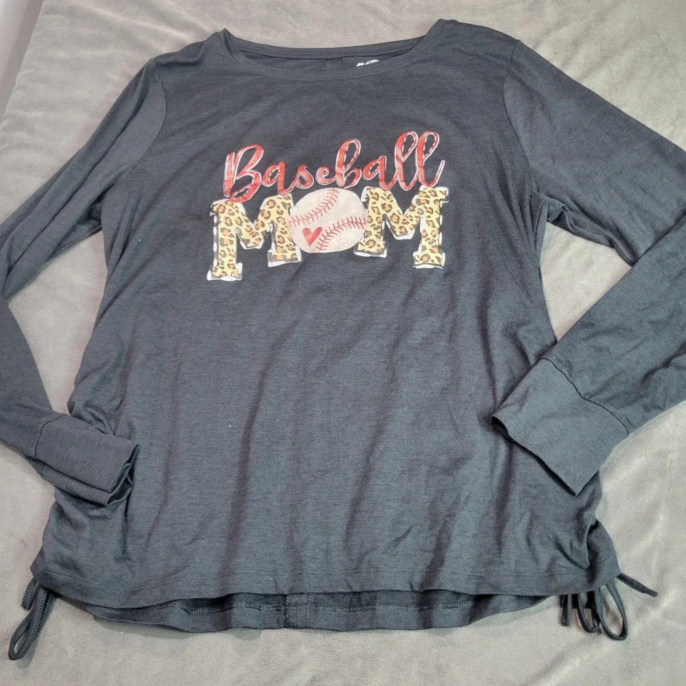 Avia‎ Womens XL Baseball Mom Graphic Long Sleeve Tee Gray Ruched Thumbhole
